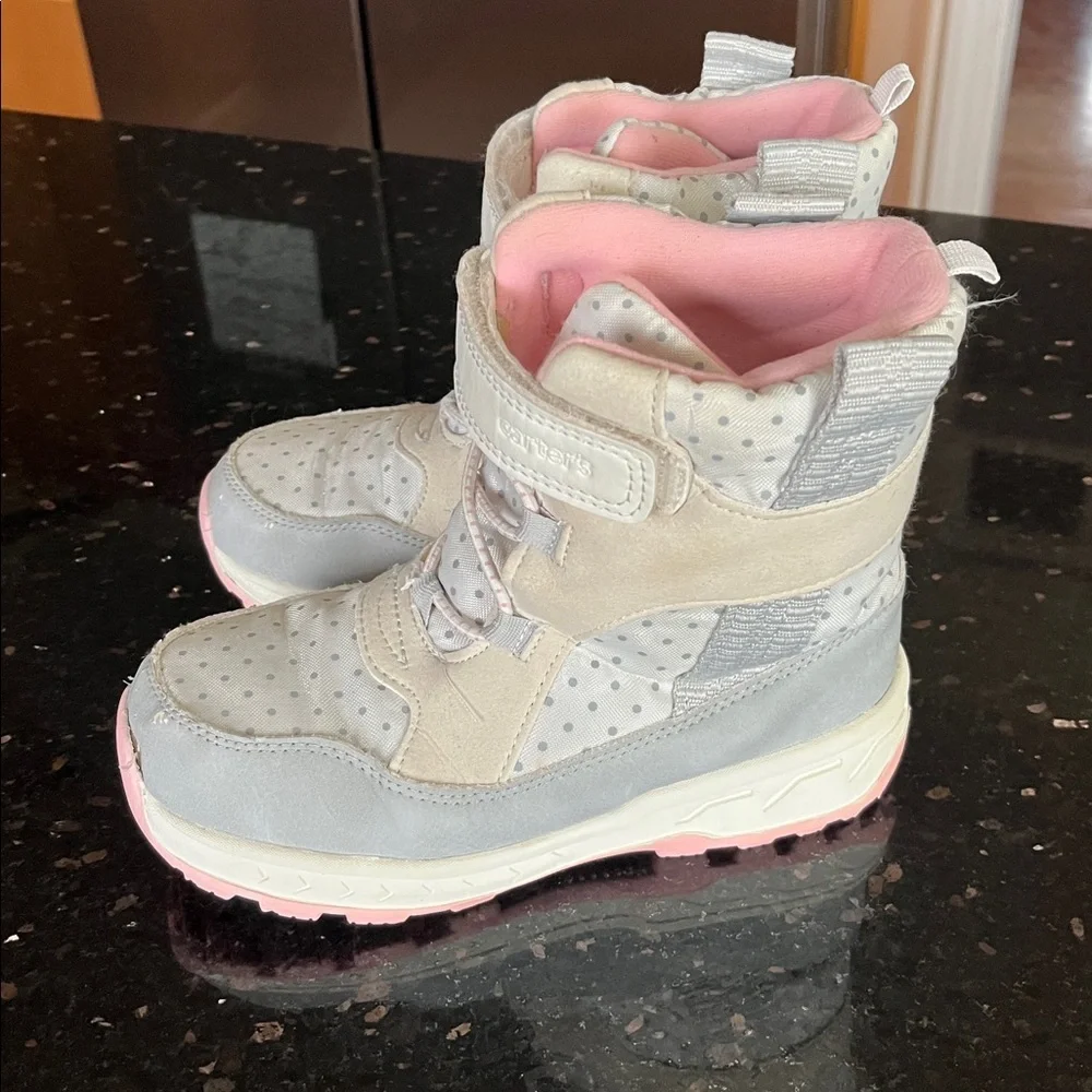 Girls Carter's Snow Boots - Pink and White with Gray Polka Dot